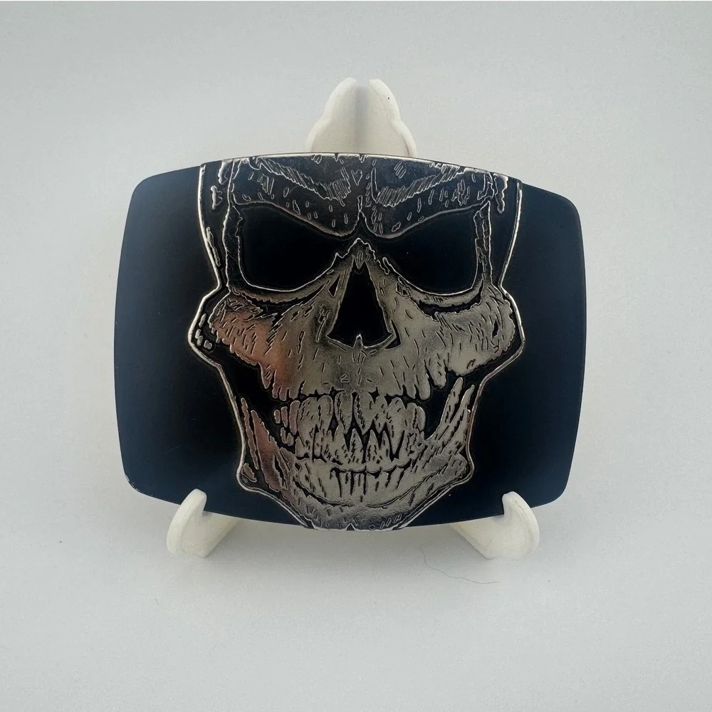 Chrome 6121 Skull Belt Buckle Black Silver Gothic Biker Rectangular Metal Buckle
